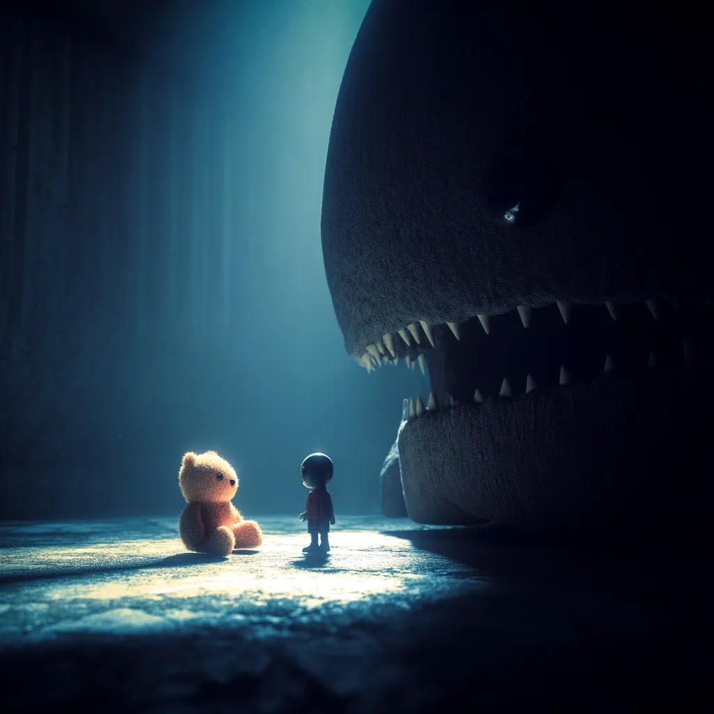 A small figure stands before a monstrous, shadowy creature with gaping teeth, its form partially obscured by darkness. A small teddy bear sits beside the figure, offering a sense of comfort in the ominous scene. The blue-tinged light creates a haunting atmosphere, emphasizing the contrast between the childlike innocence and the looming threat. The image evokes feelings of fear and vulnerability.