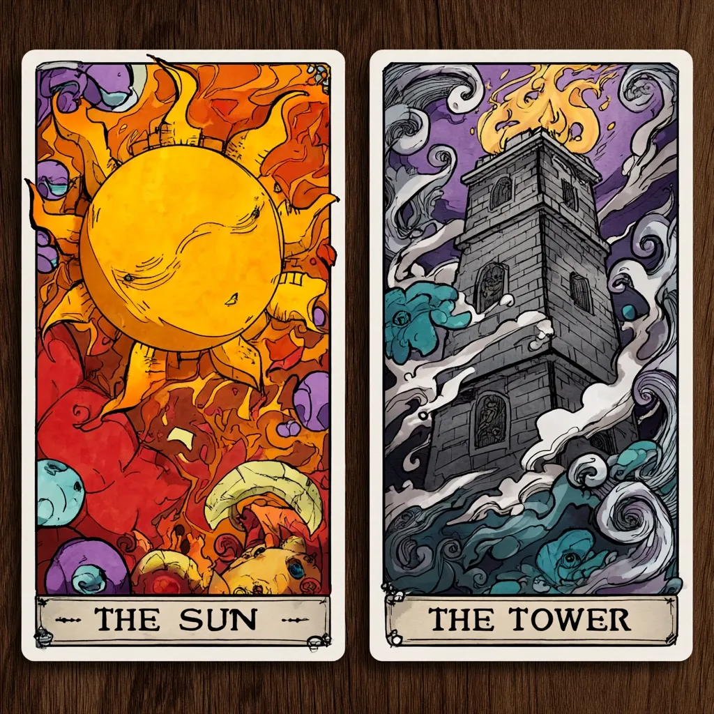 Two tarot cards are depicted.  The card on the left is "The Sun," showing a large, smiling sun surrounded by fiery, swirling details and vibrant colors. The card on the right is "The Tower," illustrating a stone tower engulfed in flames and surrounded by stormy, dark teal waves and smoke.  Both cards feature ornate borders and detailed, stylized artwork.