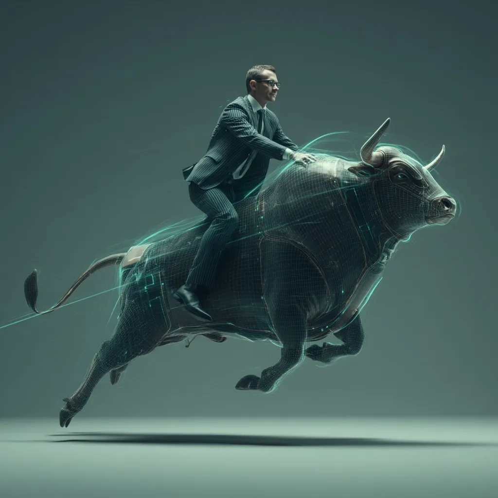 A businessman in a dark suit confidently rides a wireframe bull in mid-leap against a muted teal backdrop.  The bull, rendered in a translucent digital style, suggests a powerful, forward-moving force. The image evokes themes of financial success, market dominance, and technological innovation within the business world.  The scene is stylized and dramatic.