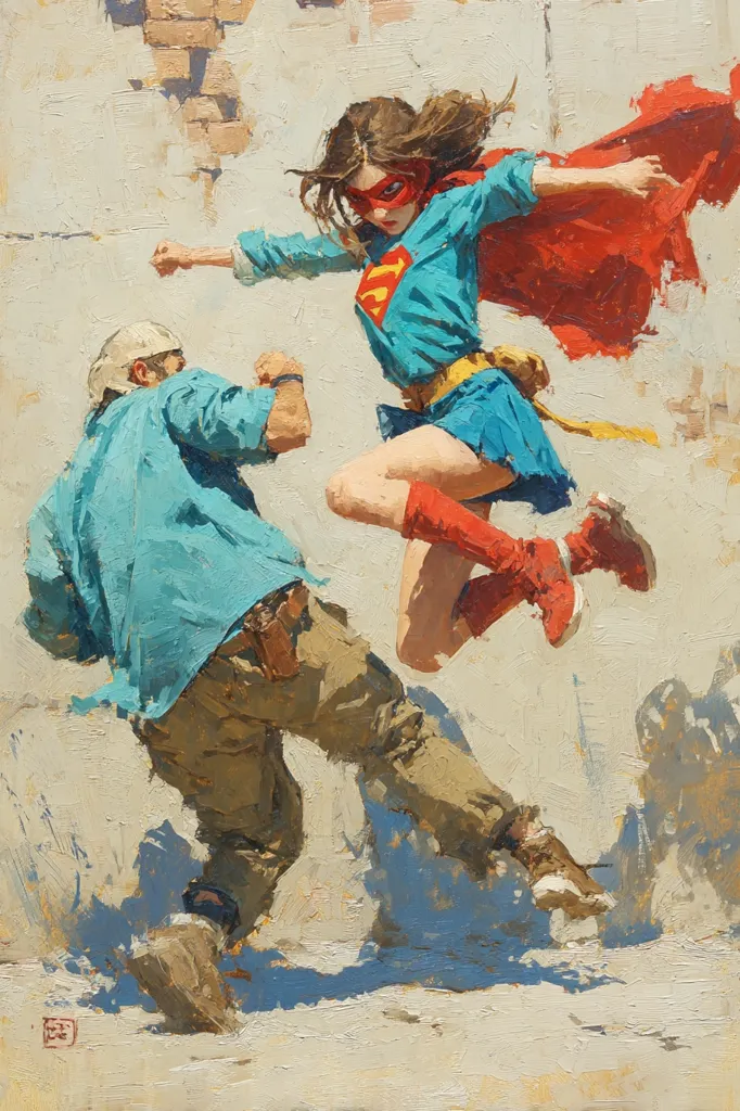 A dynamic painting depicts a female superhero in mid-air, delivering a punch to a man below.  She wears a blue and red costume reminiscent of Superman, her cape billowing behind her. The man, in casual attire, appears to be blocking the blow. The style is expressive and painterly, with visible brushstrokes and a muted color palette, emphasizing movement and action. The background suggests a weathered urban setting.