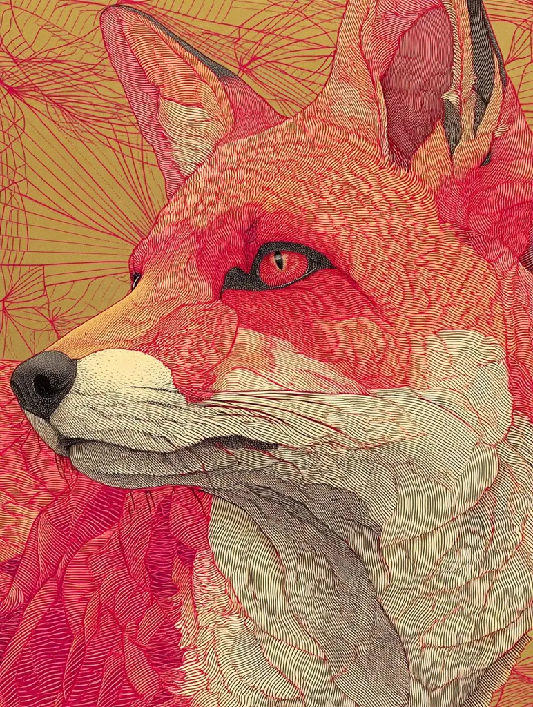 A detailed close-up illustration of a red fox's head and shoulders.  The artwork is rendered in intricate linework, creating a textured, almost three-dimensional effect.  The fox's fur is depicted with meticulously drawn lines, highlighting its texture and coloring.  A background of a fine, patterned network adds depth to the piece. The overall style is highly detailed and artistic, emphasizing the fox's intense gaze.