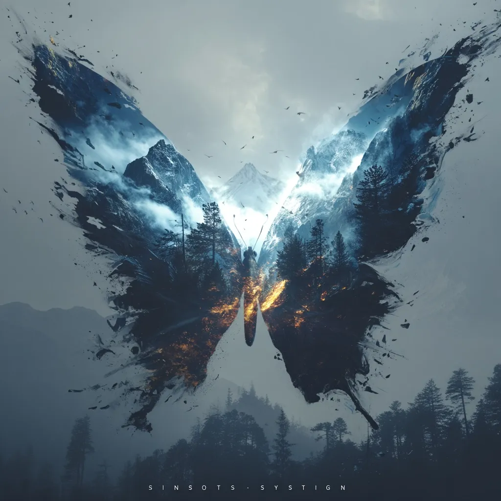 A breathtaking digital art piece depicts a giant butterfly formed from a majestic mountain landscape.  The butterfly's wings are crafted from snow-capped peaks, forests, and a fiery heart, suggesting a delicate balance between nature's beauty and destruction.  The image evokes a sense of wonder and the ephemeral nature of existence, with birds in flight adding to the ethereal atmosphere. The overall mood is both powerful and serene.