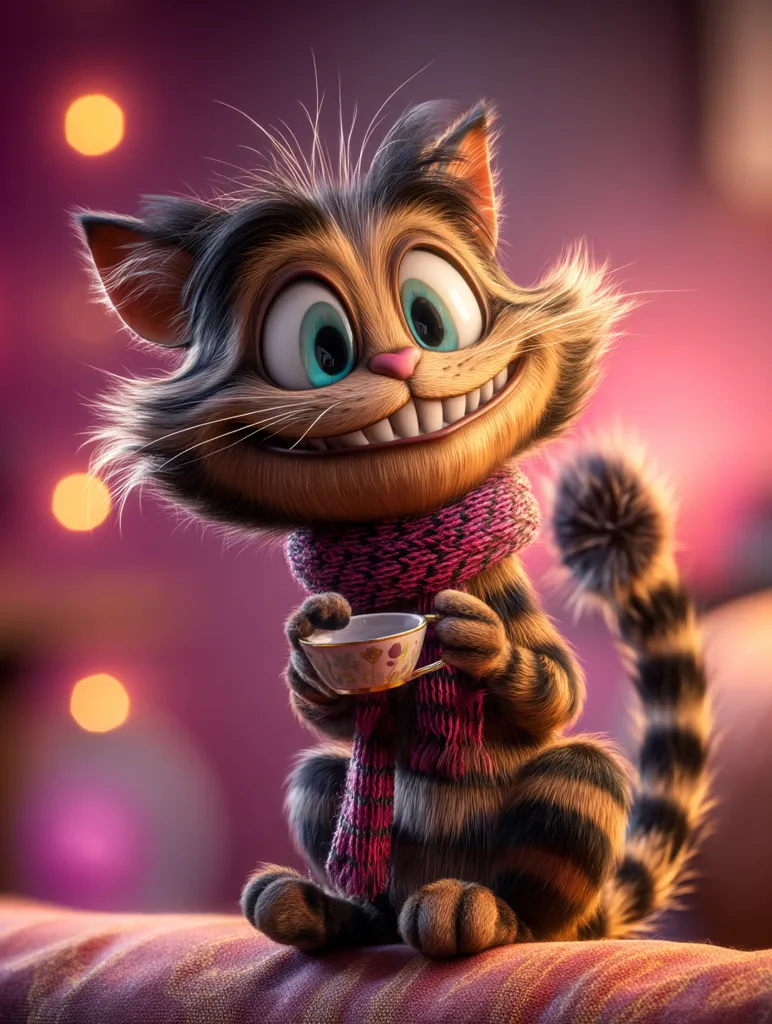 A charming, cartoonish tabby cat, with oversized eyes and a wide grin, sits on a plush surface.  It's wearing a knitted purple scarf and delicately holds a small teacup. The background is a soft purple with blurred golden lights, creating a warm, inviting atmosphere. The cat's fur is meticulously detailed, enhancing its playful and endearing character.