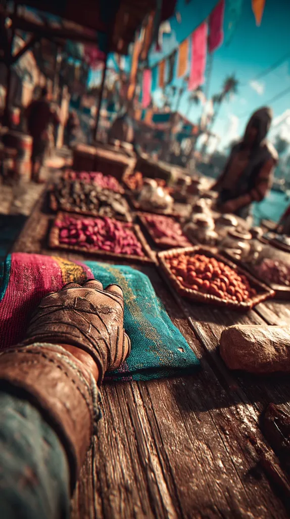 A first-person view of a hand clad in a worn leather glove rests on a weathered wooden table laden with colorful spices and dried goods.  The vibrant market scene behind is blurred, showing bustling activity and colorful fabrics hanging from above.  A figure in hooded robes is partially visible in the background, adding to the exotic atmosphere. The scene is bathed in warm, sunny light.