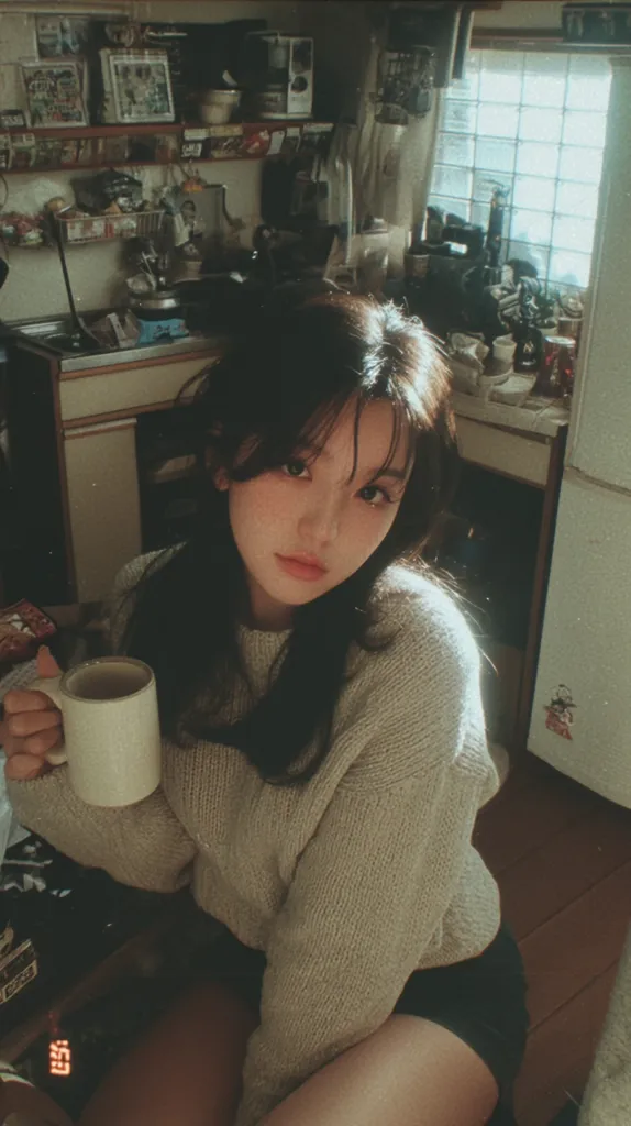 A young woman with long dark hair sits in a cluttered kitchen, sunlight streaming through a nearby window. She's wearing a light beige knit sweater and dark shorts.  She holds a mug, seemingly enjoying a warm drink. The kitchen shelves are filled with various items, creating a cozy yet slightly chaotic atmosphere. The overall tone is warm and intimate.