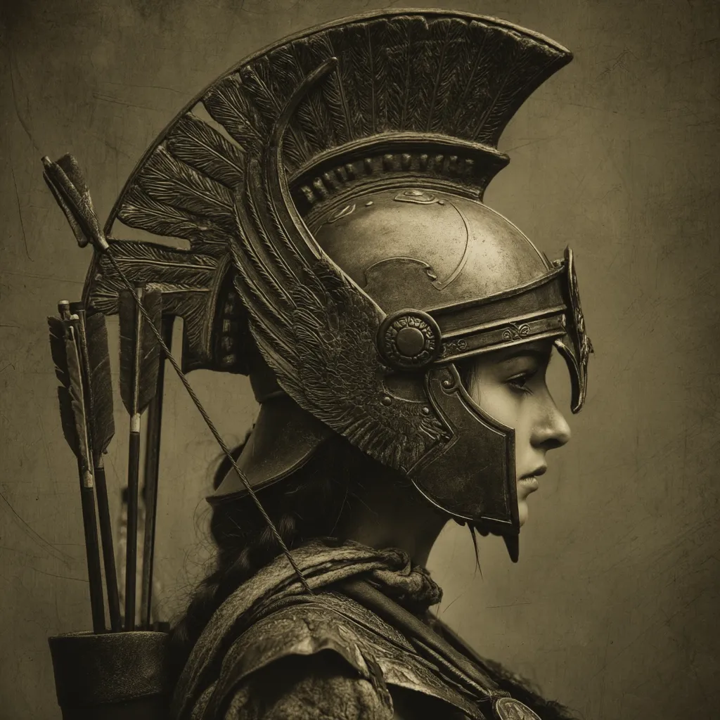 A sepia-toned profile portrait of a female warrior. She wears an intricately detailed Roman-style helmet with a large plume, and carries a quiver of arrows on her back. Her expression is serious and contemplative, conveying strength and resilience.  The background is textured, enhancing the antique feel of the image.  The overall effect is one of power and stoicism.