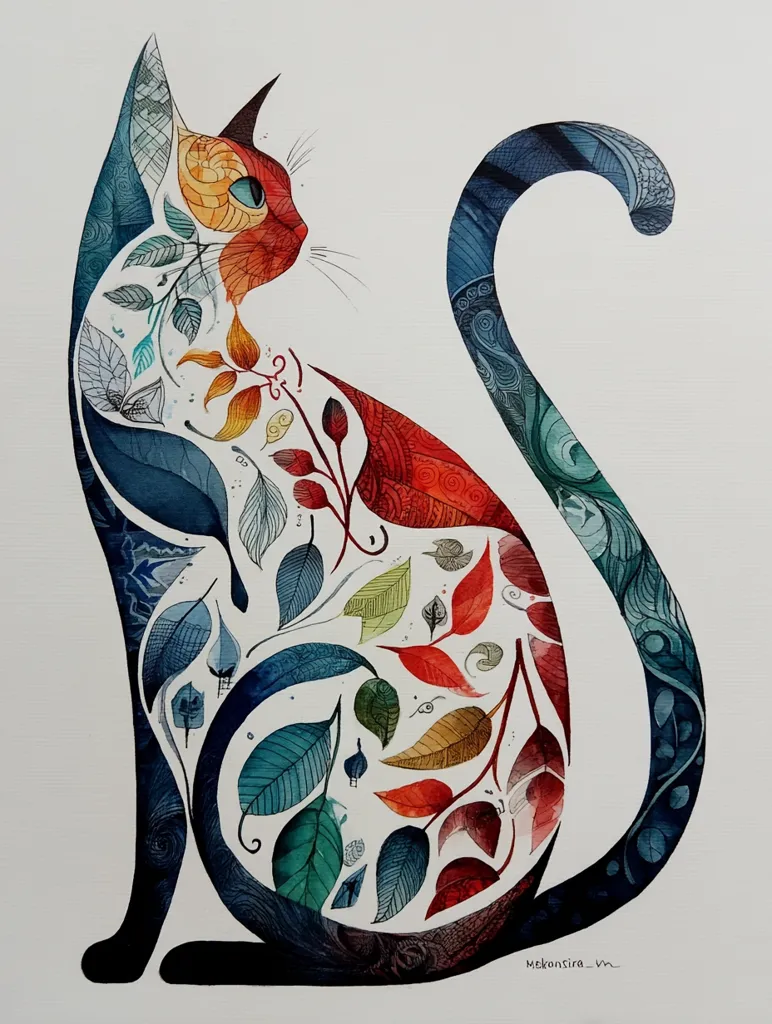 A watercolor painting depicts a stylized cat in profile. Its body is formed from an intricate arrangement of leaves in various autumnal colors, including reds, oranges, greens, and blues. The cat's form is elegant and slightly abstract, with the leaves seamlessly blending to create its shape. The tail curves gracefully, mirroring the overall fluid design. The artwork showcases a skillful blend of realism and artistic interpretation.