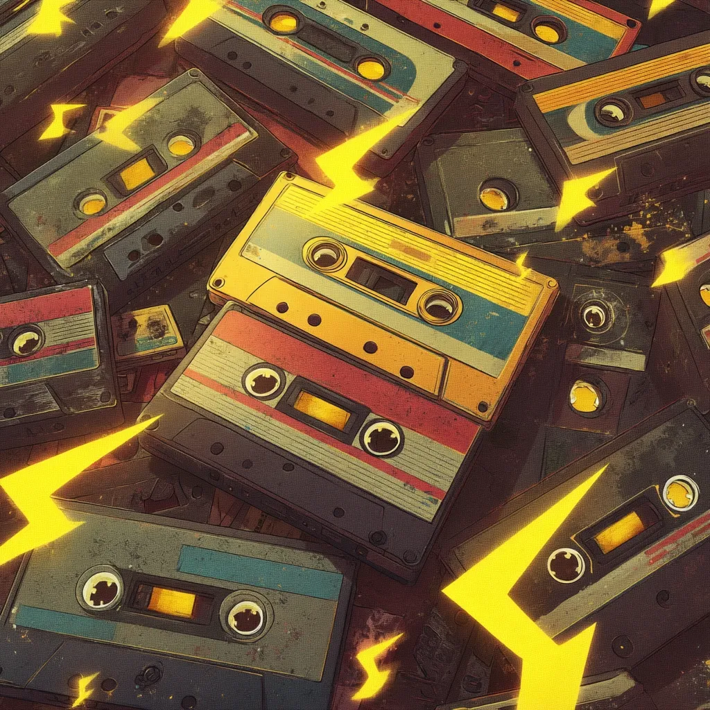 A vibrant illustration showcases a chaotic pile of vintage audio cassette tapes, layered haphazardly.  The tapes are depicted in various colors and states of wear, suggesting a collection spanning time.  Bright yellow lightning bolts add a dynamic, energetic element to the retro aesthetic, emphasizing the nostalgic energy associated with these obsolete music carriers.  The overall style is reminiscent of comic book art, with bold lines and a slightly stylized representation of the cassette tapes.
