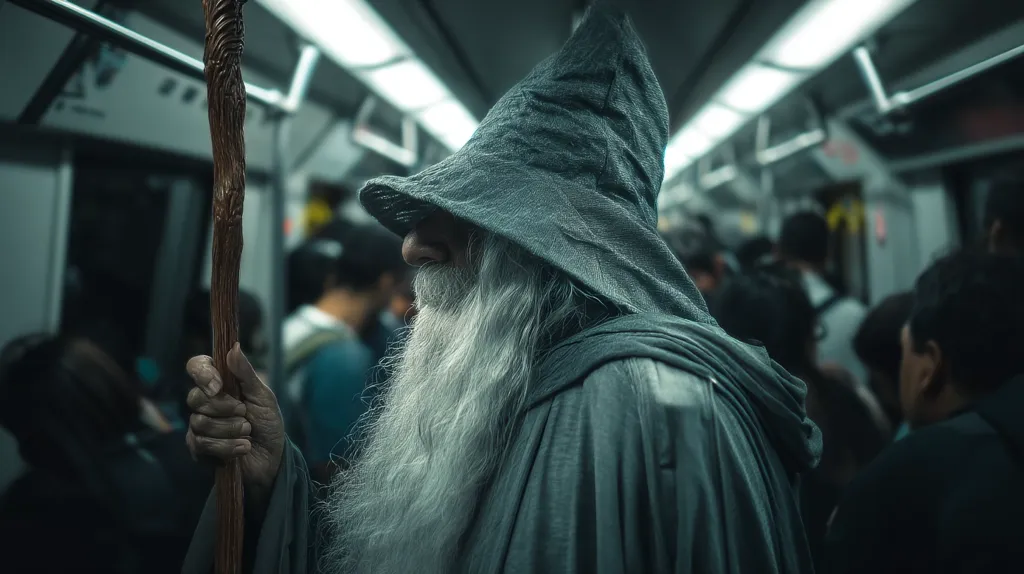 A wizard-like figure, cloaked and hooded in grey, stands on a crowded subway car.  His long, white beard flows down his chest. He holds a wooden staff, his face partially obscured by the shadows of the dimly lit train. The other passengers are blurred, creating a stark contrast between the mystical figure and the mundane setting.  The overall mood is mysterious and intriguing.