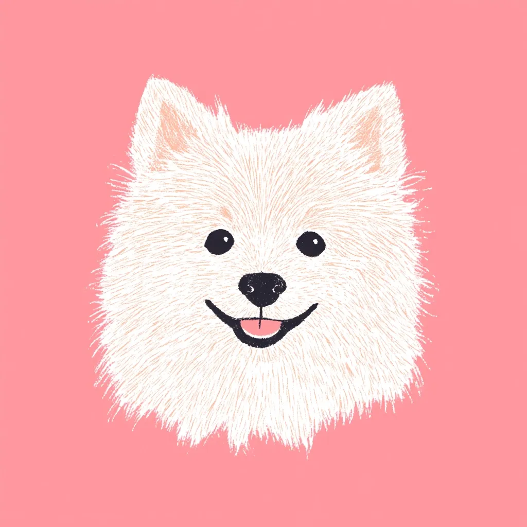 A charming illustration features a fluffy white Pomeranian dog's face against a soft pink background.  The dog's expression is cheerful, with a happy smile and visible tongue.  The artist's style uses a textured effect to depict the dog's fur, giving it a soft and cuddly appearance.  The overall image is simple yet endearing.