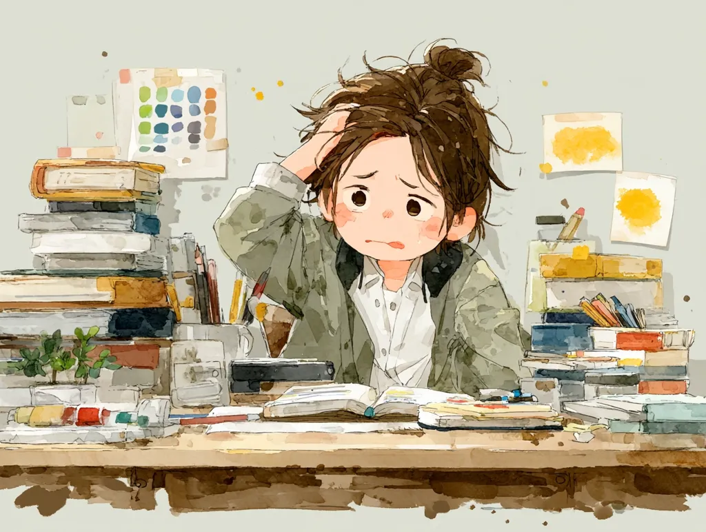 A watercolor illustration depicts a young girl, overwhelmed by a large stack of books and art supplies on her desk.  She has her hand in her hair, showcasing a stressed expression. The scene is cluttered yet charming, with a soft color palette.  The overall feeling is one of studious exhaustion or creative block.