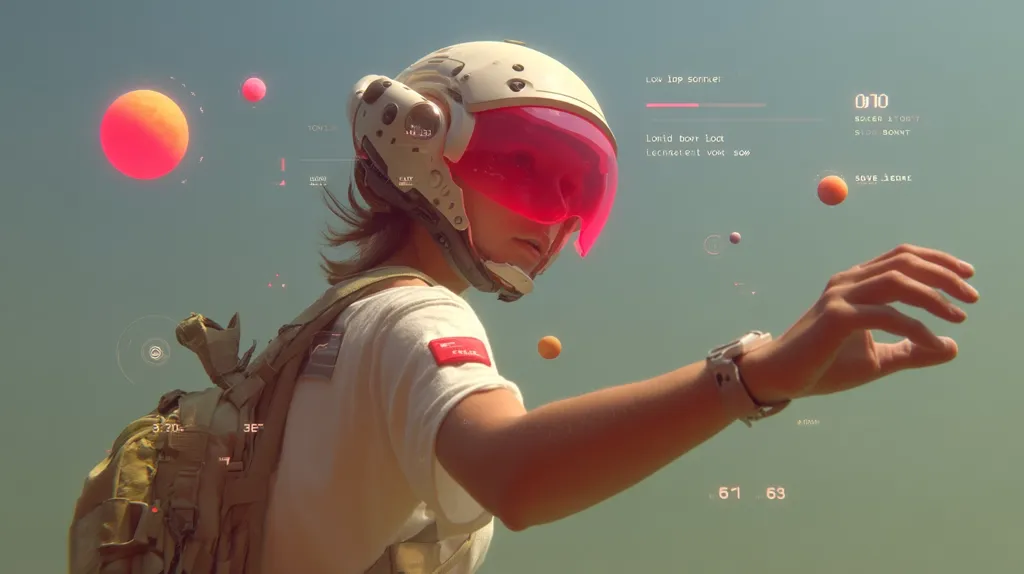 A person wearing a futuristic white helmet with a pink visor and a tactical backpack reaches out their hand in a desolate, muted landscape.  Floating orbs and digital readouts overlay the scene, suggesting a technologically advanced or augmented reality setting. The overall aesthetic is serene yet slightly dystopian.