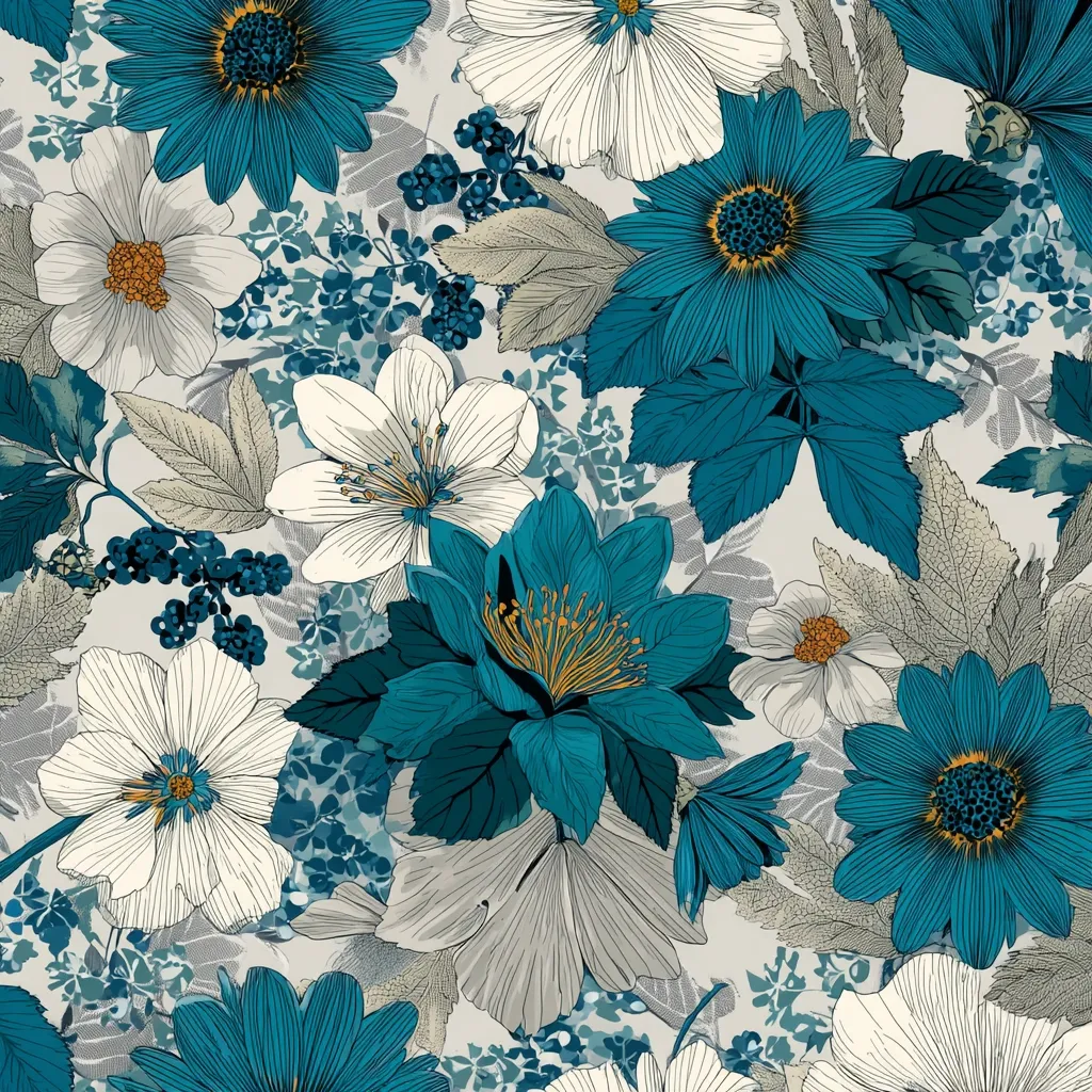 A vibrant floral pattern showcases a profusion of teal and off-white blooms.  Large, detailed teal flowers, resembling dahlias and daisies, are interspersed with delicate, creamy white blossoms.  Grey-green foliage and berry sprigs create a layered, textured effect against a muted beige background. The illustration style is reminiscent of botanical drawings, with fine lines and shading defining each petal and leaf.  The overall impression is one of lush, opulent beauty.