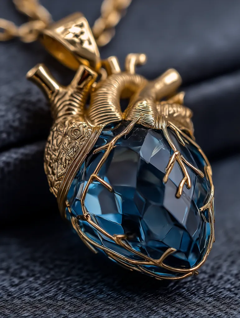 A detailed close-up reveals an exquisite gold necklace pendant shaped like an anatomical heart.  The heart's interior is filled with a large, dark blue gemstone, meticulously encased in a gold framework mimicking the heart's veins and arteries. The gold is intricately detailed, showcasing a high level of craftsmanship. The pendant rests on a dark, subtly textured surface.