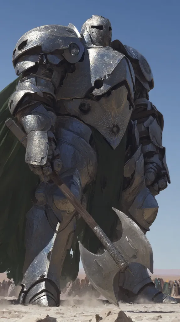 A colossal, metallic figure, clad in ornate armor and a flowing dark cape, dominates a desert landscape.  The knight-like automaton wields a massive battle-axe, its immense size dwarfing the small figures of a crowd in the background. The armor's surface reflects the harsh sunlight, giving it a weathered, almost ancient appearance. The scene conveys power and a sense of foreboding.