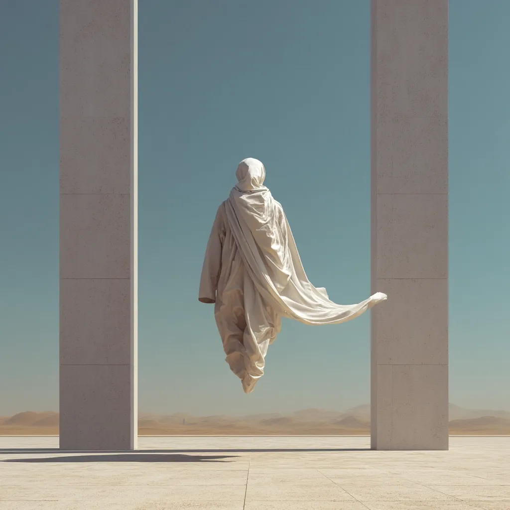 A minimalist digital artwork depicts a cloaked figure levitating between two tall, rectangular pillars.  The figure, appearing sculptural and possibly made of stone or similar material, faces away from the viewer. Its flowing robe billows slightly. The backdrop is a vast, flat desert under a clear sky. The overall aesthetic is serene and suggestive of spiritual contemplation or otherworldly travel.