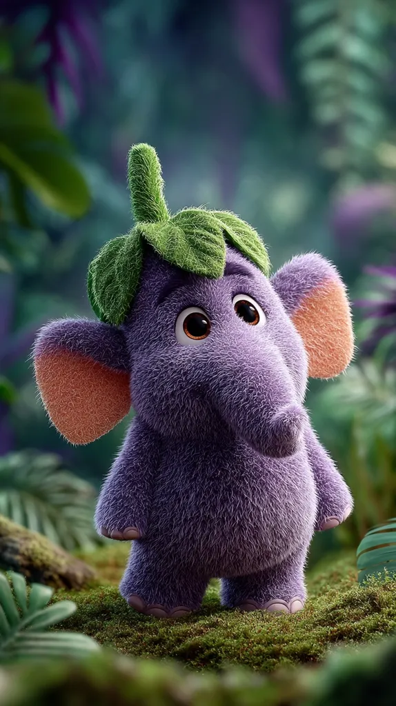 A charming 3D-rendered baby elephant, purple and fuzzy, stands amidst lush greenery.  Its large, expressive eyes and small, peach-colored ears add to its endearing quality. Atop its head sits a whimsical green leaf, resembling a hat. The image is detailed, highlighting the texture of the elephant's fur and the surrounding foliage, creating a captivating scene.