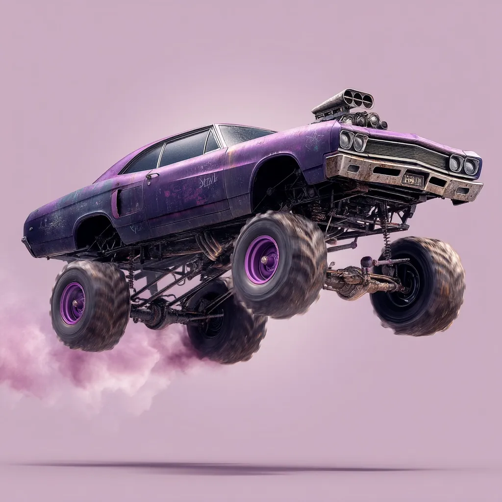 A purple vintage muscle car, modified into a monster truck, is depicted mid-air against a muted purple backdrop.  Large, mud-caked tires and a customized supercharger are visible. The car appears weathered, adding to its rugged, powerful aesthetic.  A trail of smoke suggests motion and power. The overall image conveys a sense of speed and rebellious energy.