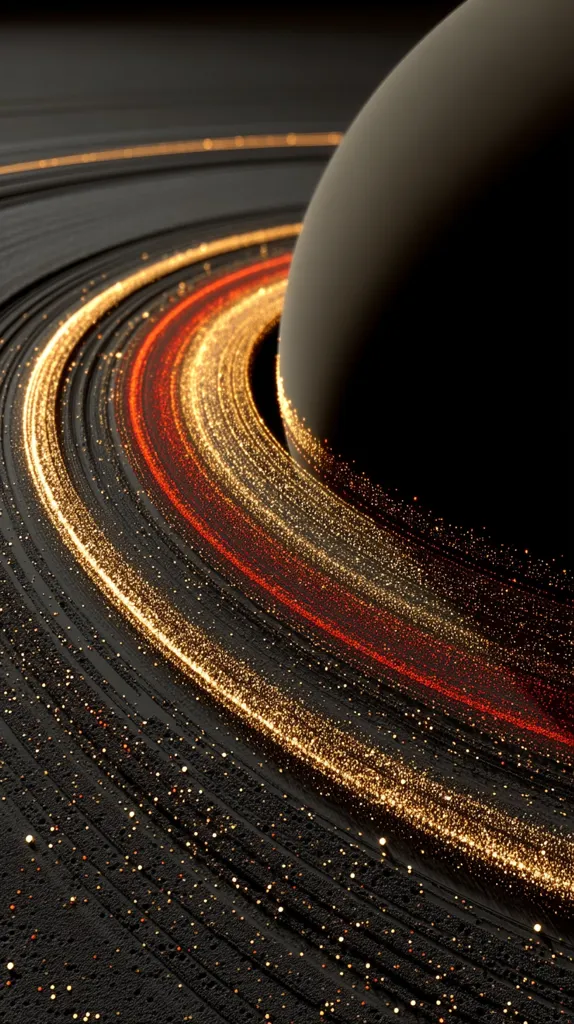 A dark planet is partially visible, its rings a mesmerizing display of swirling gold and red particles.  The rings are layered, creating a sense of depth and texture.  The dark background emphasizes the luminous streaks of light within the rings, suggesting a cosmic phenomenon of immense scale and beauty. The overall image is striking in its contrast and detail.