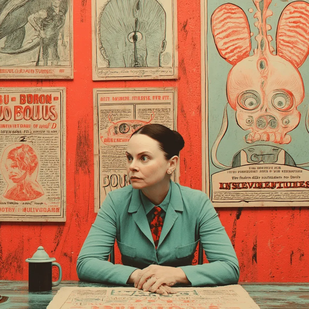 A woman in a teal blazer and red tie sits at a table, her gaze directed to her right.  The backdrop is a vibrant orange wall adorned with several antique-style posters featuring anatomical illustrations and text in a foreign language, creating a surreal and unsettling atmosphere.  The scene is reminiscent of a vintage medical office or a bizarre cabinet of curiosities.  A small grey mug sits on the table beside a newspaper.