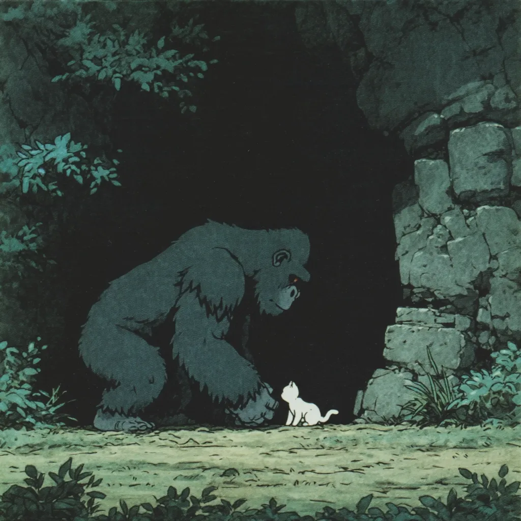 A large gorilla sits near a stone cave entrance in a dark, lush forest.  A small, white kitten approaches the gorilla, who looks down at it. The scene is dimly lit, creating a mysterious and slightly ominous atmosphere. The contrast between the massive gorilla and the tiny kitten is striking.  The artwork suggests a moment of quiet interaction between unlikely companions.