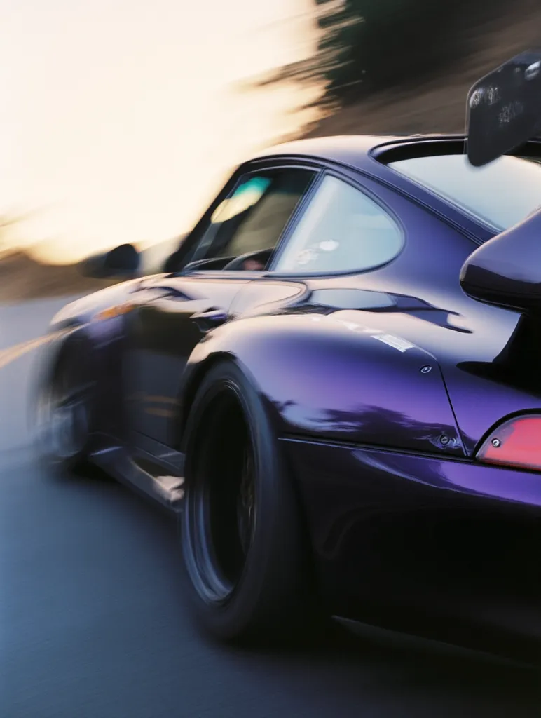 A deep purple Porsche 911 GT2 speeds along a road at sunset.  The motion blur emphasizes the car's speed and sleek design.  The car's rear and side are visible, showcasing its sporty features and powerful stance.  The background is blurred, drawing focus to the dynamic vehicle in motion.