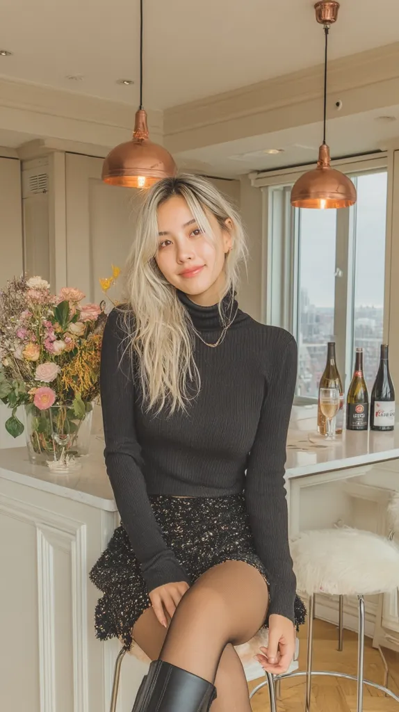 A young woman with long blonde hair sits on a stool in a kitchen. She wears a black turtleneck sweater and a black tweed mini skirt, paired with black tights and boots.  A bouquet of flowers sits on the counter behind her, and several bottles of wine are visible. The kitchen features copper pendant lights and white cabinetry.  She looks directly at the camera with a pleasant expression.