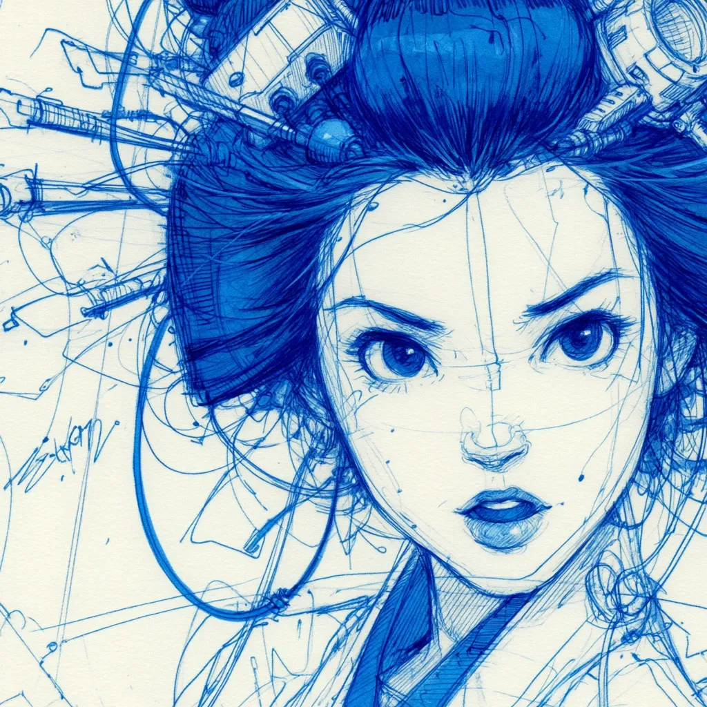 A close-up, blue ink drawing depicts a woman's face, possibly a geisha, with intricate, steampunk-inspired elements adorning her hair.  Her expression is intense, her eyes wide and focused.  The style is detailed and expressive, with visible sketching lines layered to build form and depth. The background features chaotic yet controlled lines, suggesting a technological or futuristic context.