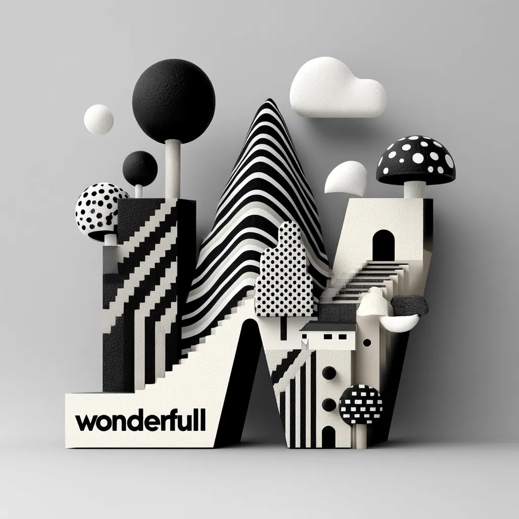 A three-dimensional, abstract black and white illustration forms the letter "W."  The design incorporates geometric shapes, stylized mushrooms, and a whimsical landscape with striped hills and polka-dotted trees.  The word "wonderfull" is prominently displayed at the base, enhancing the playful and imaginative feel. The overall style is modern and playful.