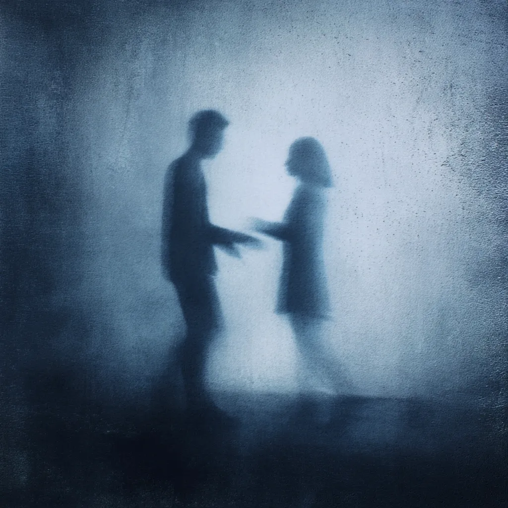 A blurry, ethereal image depicts two indistinct figures, a man and a woman, seemingly engaged in a quiet interaction.  Their forms are hazy and muted, rendered in shades of blue against a textured backdrop. The overall mood is somber and suggestive of a private, perhaps melancholic, moment. The lack of sharp detail emphasizes the emotional weight rather than physical clarity.