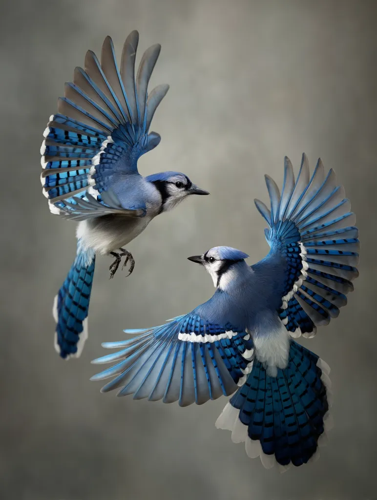 Two blue jays are captured mid-flight, their wings outstretched in a dynamic display.  The vibrant blue and white plumage is sharply detailed, showcasing the intricate feather patterns.  The birds appear to be interacting, creating a sense of movement and energy against a muted grey background.  The photograph highlights the beauty and grace of these striking birds.