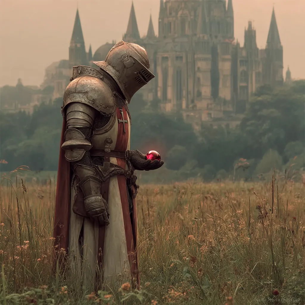 A knight in full plate armor, adorned with a red cross, stands in a field of tall grass.  He holds a glowing red orb in his gloved hand.  A large, imposing castle is visible in the background, shrouded in a hazy, atmospheric light. The scene evokes a sense of medieval fantasy and mystery.