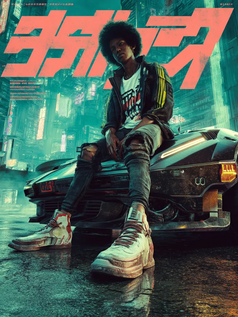 A stylized cyberpunk image depicts a young Black man with an afro, wearing distressed jeans and high-top sneakers. He sits atop a futuristic, weathered car in a neon-lit city.  The background features towering buildings and bold, Japanese-style lettering. The overall aesthetic is gritty, blending futuristic technology with a retro vibe.  The man's pose and expression are cool and confident.