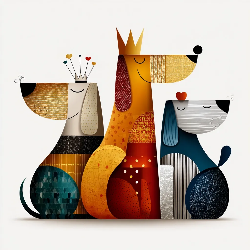 Three stylized dogs are depicted, standing side by side.  The central dog wears a crown, while the dog to its left has a smaller crown with hearts. The dog on the right is smaller and appears serene. Each dog is a patchwork of vibrant colors and textures, creating a playful and modern aesthetic. The overall style is reminiscent of mid-century modern design.