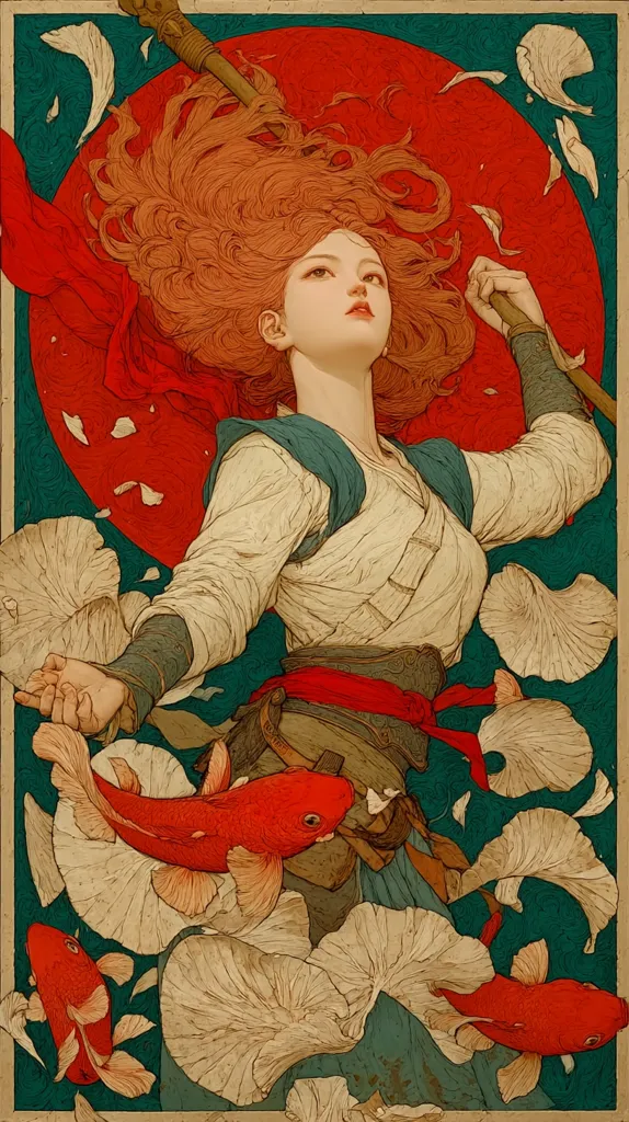 A stylized illustration depicts a woman with flowing red hair, holding a staff. She's dressed in an off-white, Asian-inspired robe with a red sash, surrounded by large, pale leaves and vibrant red koi fish.  The background features a large red circle, contrasting with the teal backdrop.  The art style is detailed and reminiscent of Art Nouveau, conveying a sense of strength and grace.