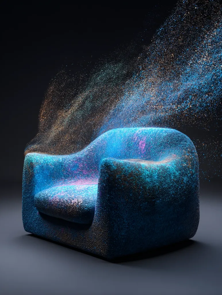 A teal armchair, seemingly made of a textured, granular material, sits on a dark gray surface.  A stream of iridescent particles, resembling stardust, flows from behind the chair, creating a surreal and ethereal effect. The chair's form is rounded and smooth, contrasting with the rough texture of its surface. The overall image evokes a sense of mystery and fantasy.