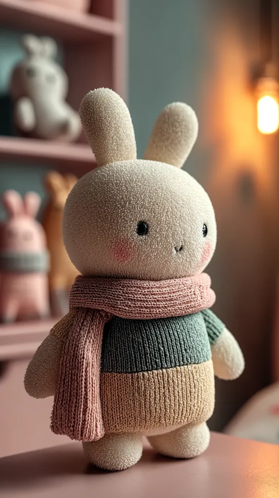 A close-up shot of an adorable plush bunny toy, dressed in a pastel pink scarf and a knitted sweater with muted green and beige stripes.  The bunny is delicately textured, appearing soft and cuddly. It sits on a pink surface, with blurred background suggesting a shelf with other plush toys and a warm, inviting room setting. The overall aesthetic is cozy and charming.