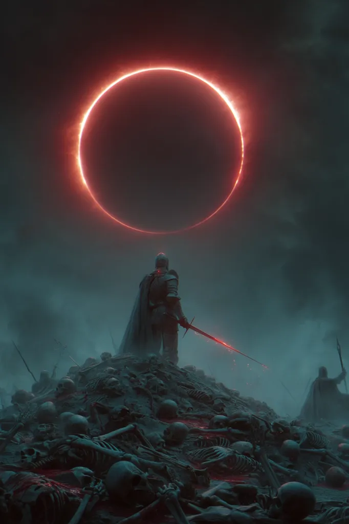 A lone knight stands atop a hill of skulls and bones, a glowing red ring encircling the dark sky.  His sword is drawn, pointing towards another figure in the distance.  The scene is grim and atmospheric, suggesting a battle's aftermath under a sinister eclipse.  The overall tone is dark and foreboding.