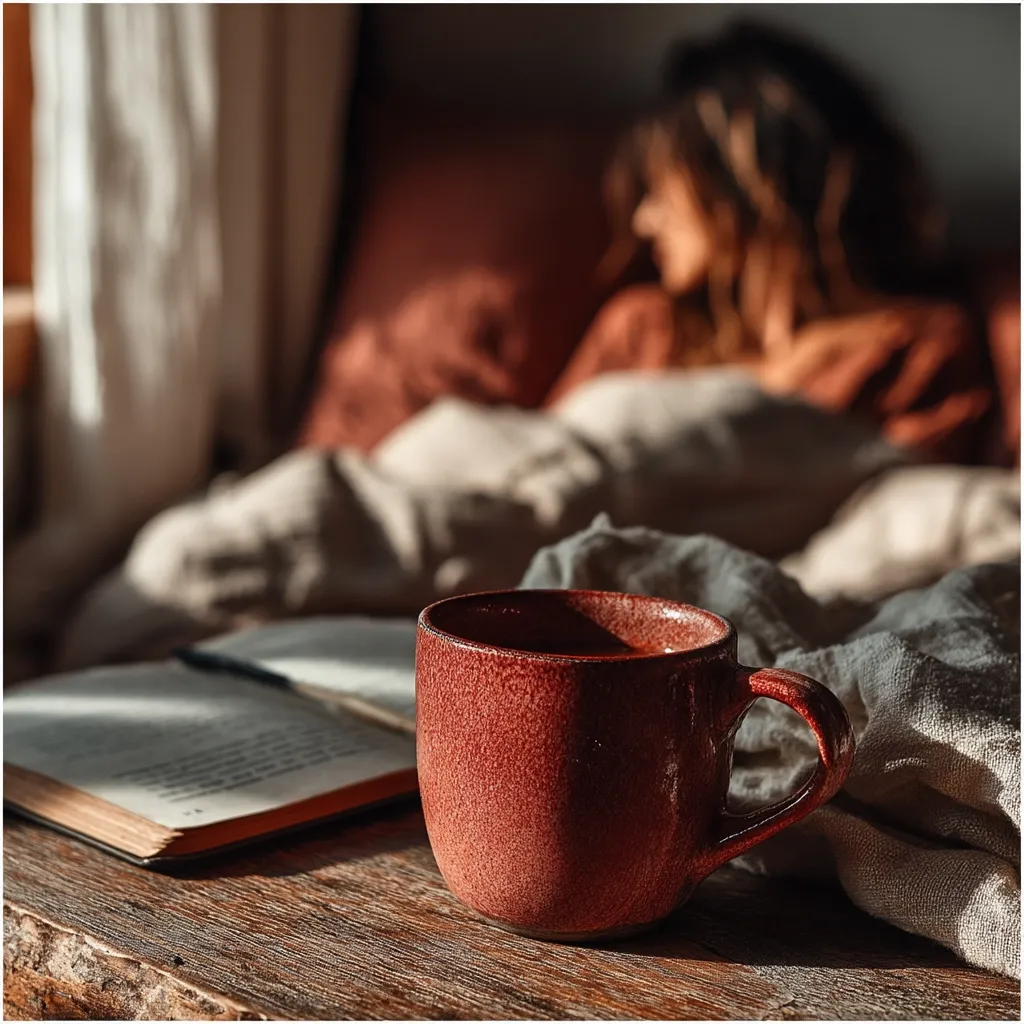 A rustic, red mug sits on a wooden table beside an open book.  The background is softly blurred, showing a woman resting in bed under warm-toned linens. Sunlight streams in from a window, casting a gentle glow on the scene. The overall atmosphere is one of cozy relaxation and quiet contemplation.