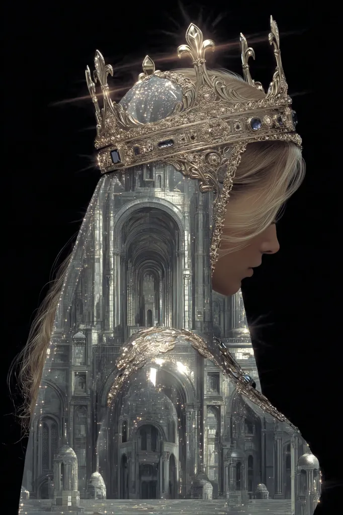 A digital art piece depicts a woman in profile, her blonde hair cascading down, adorned with a magnificent gold crown.  The crown and veil are intricately detailed, appearing almost architectural.  A superimposed image of a grand, glittering cathedral or palace forms the backdrop, creating a surreal and majestic effect. The overall aesthetic is dark, regal, and ethereal.