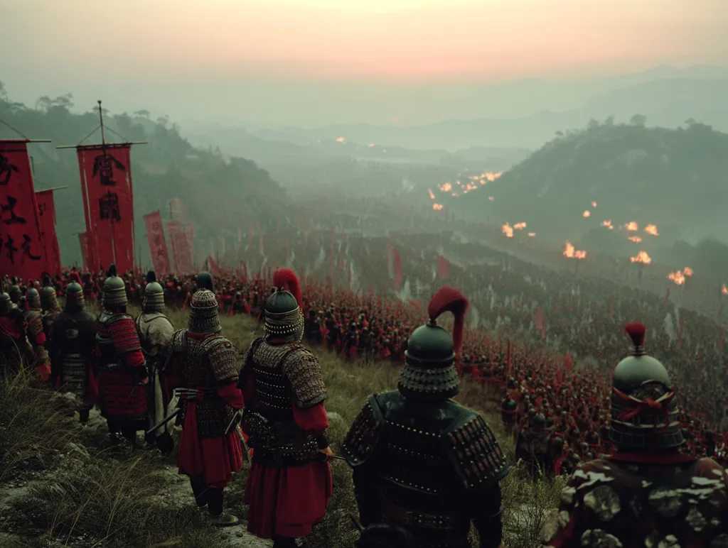 A vast army, clad in red and black armor, occupies a hillside overlooking a sprawling battlefield.  Red banners with Chinese characters wave in the smoky haze of a large-scale battle unfolding in the valley below.  The soldiers stand in formation, their backs to the viewer, witnessing the chaotic clash of armies.  The scene is set against a hazy sunset, emphasizing the scale and intensity of the conflict.