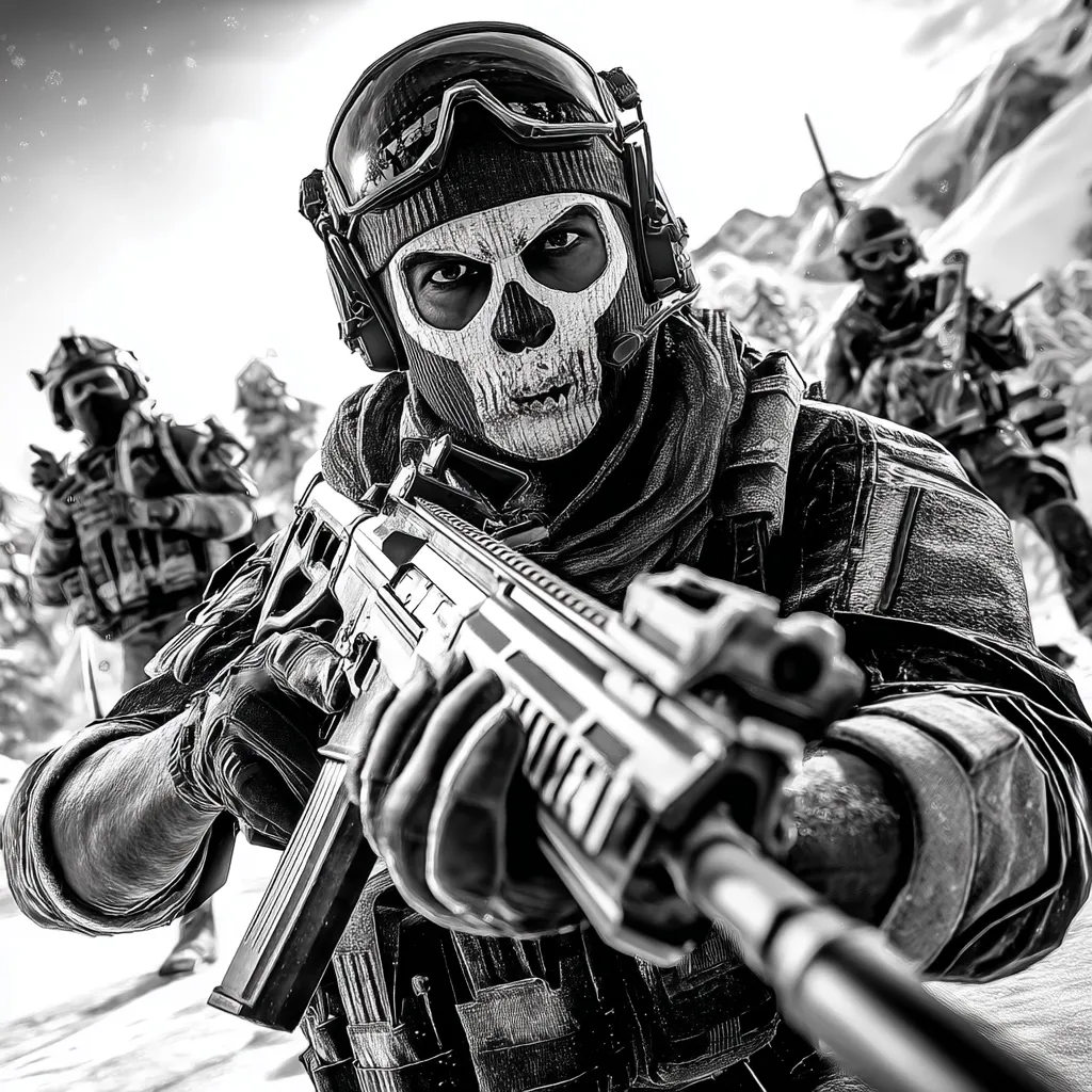 A black and white image depicts a soldier in a skull balaclava, aiming a rifle at the viewer. He's clad in tactical gear, part of a squad in a snowy mountainous landscape.  The foreground focuses on the soldier and his weapon, with other soldiers visible in the background. The scene suggests a military operation or combat situation.  The overall mood is intense and dramatic.