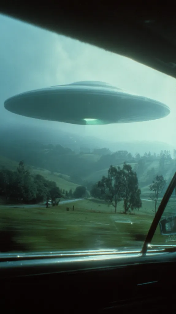 A large, silver-grey UFO hovers silently over a tranquil, rolling green landscape viewed from inside a car. The scene is misty and atmospheric, with a muted color palette.  Trees dot the hillsides, and a road winds through the valley.  The UFO's presence creates an eerie and suspenseful mood. The image suggests a mysterious encounter or observation of extraterrestrial life.