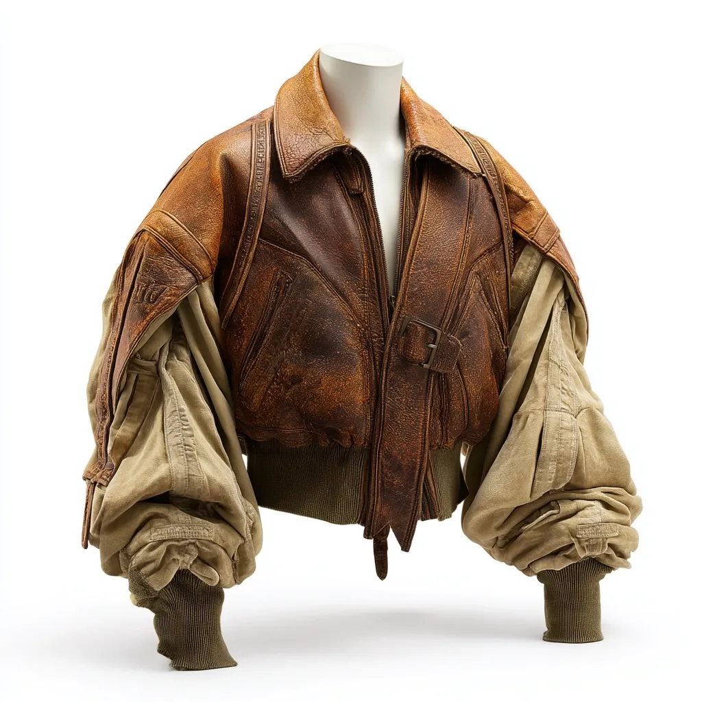 A brown leather bomber jacket with oversized, contrasting beige fabric sleeves is displayed on a mannequin.  The leather shows significant wear and discoloration, suggesting age and use.  The jacket's design incorporates elements of a classic bomber style with unique, voluminous sleeves.  The overall appearance is one of vintage-inspired deconstruction or reimagining of a classic garment.