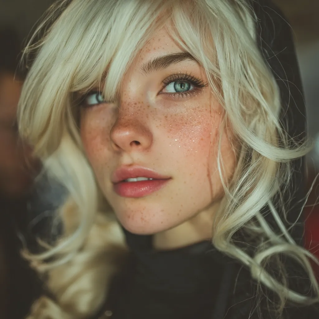 Close-up portrait of a young woman with long, wavy blonde hair and prominent freckles.  Her light eyes are captivating, and her expression is soft and pensive. She's wearing a dark, hooded garment, which frames her face. The overall mood is serene and intimate, enhanced by soft lighting and a slightly blurred background.  The image emphasizes natural beauty and subtle details.