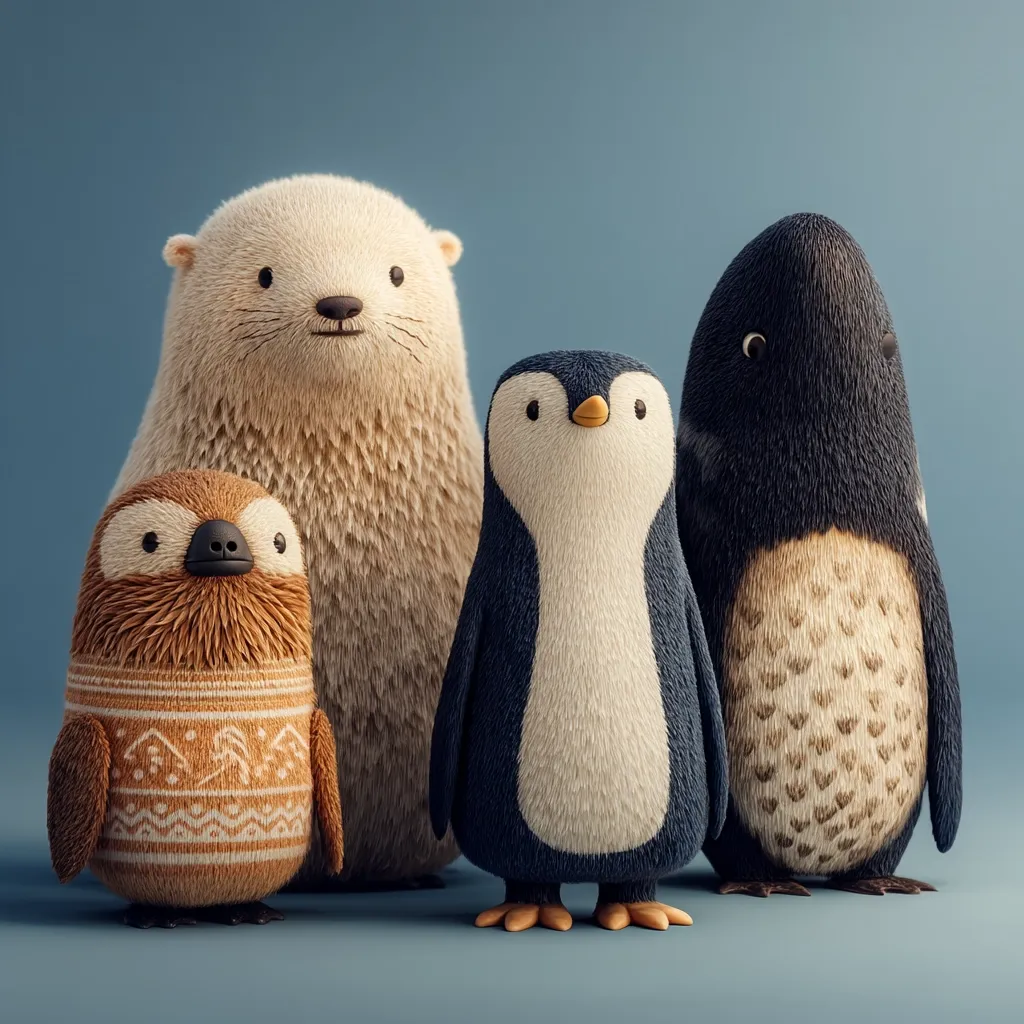 A fluffy otter, a sloth wearing a knitted sweater, and two penguins stand together against a muted blue background.  The animals are rendered in a 3D style with realistic fur textures.  The scene is charming and evokes a sense of warmth and friendliness. The penguins have different color patterns; one is black and white, the other is black and light brown.