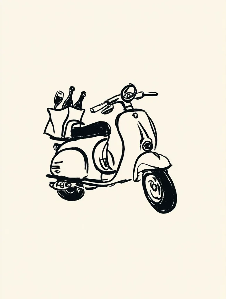 A black and white sketch depicts a vintage scooter carrying a paper bag with wine bottles.  The style is loose and expressive, capturing a sense of carefree movement. The scooter is detailed, with visible wheels and handlebars, while the wine bottles are simply indicated within the bag. The overall impression is one of casual elegance and perhaps a delivery of fine wine.