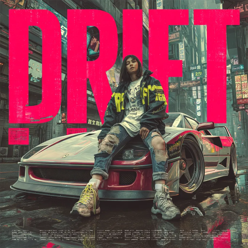 A young woman in stylish streetwear sits atop a sleek, red Ferrari F40.  The backdrop is a vibrant, neon-lit cyberpunk cityscape, with the word "DRIFT" dominating the composition in large, distressed pink lettering.  The overall aesthetic blends futuristic urban elements with a retro racing car, creating a dynamic and visually striking image.  Rain slicks the street reflecting the city lights.