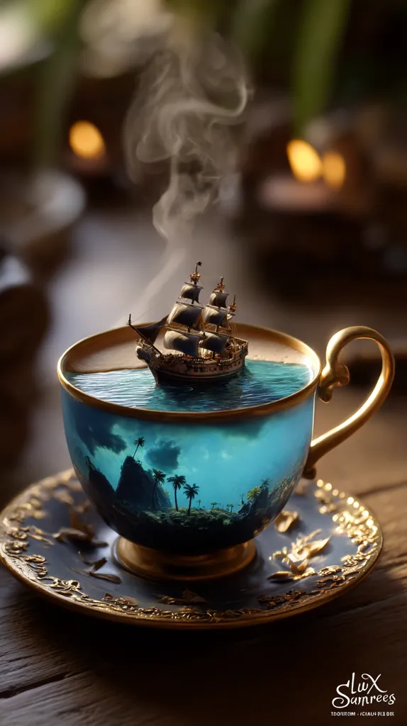 A miniature galleon sails on a tranquil sea within an ornate teacup.  Steam rises from the liquid, adding to the whimsical scene. The cup, with its golden trim and blue and gold saucer, rests on a dark wooden surface. A tropical island landscape is visible beneath the waterline. The image evokes a sense of fantasy and adventure.
