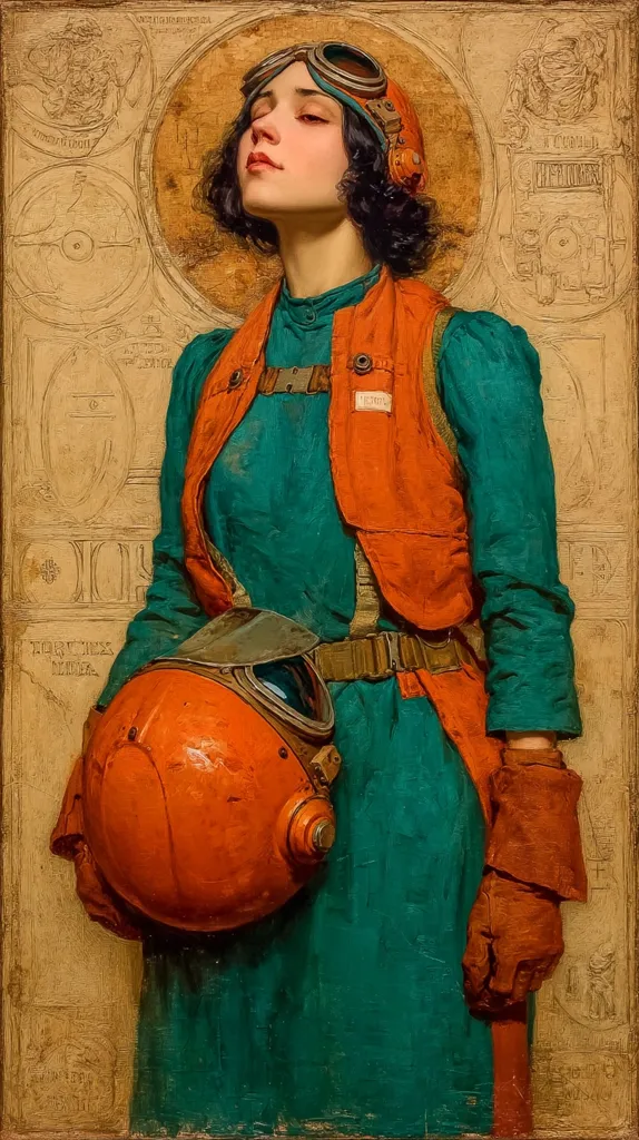 A stylized portrait of a young woman, possibly a pilot or astronaut, in a teal jumpsuit and orange vest. She wears goggles and holds an orange helmet. The background features an antique-style design with gears and technical drawings, suggesting a blend of historical and futuristic elements.  The painting's style evokes a classical portrait with a modern twist.